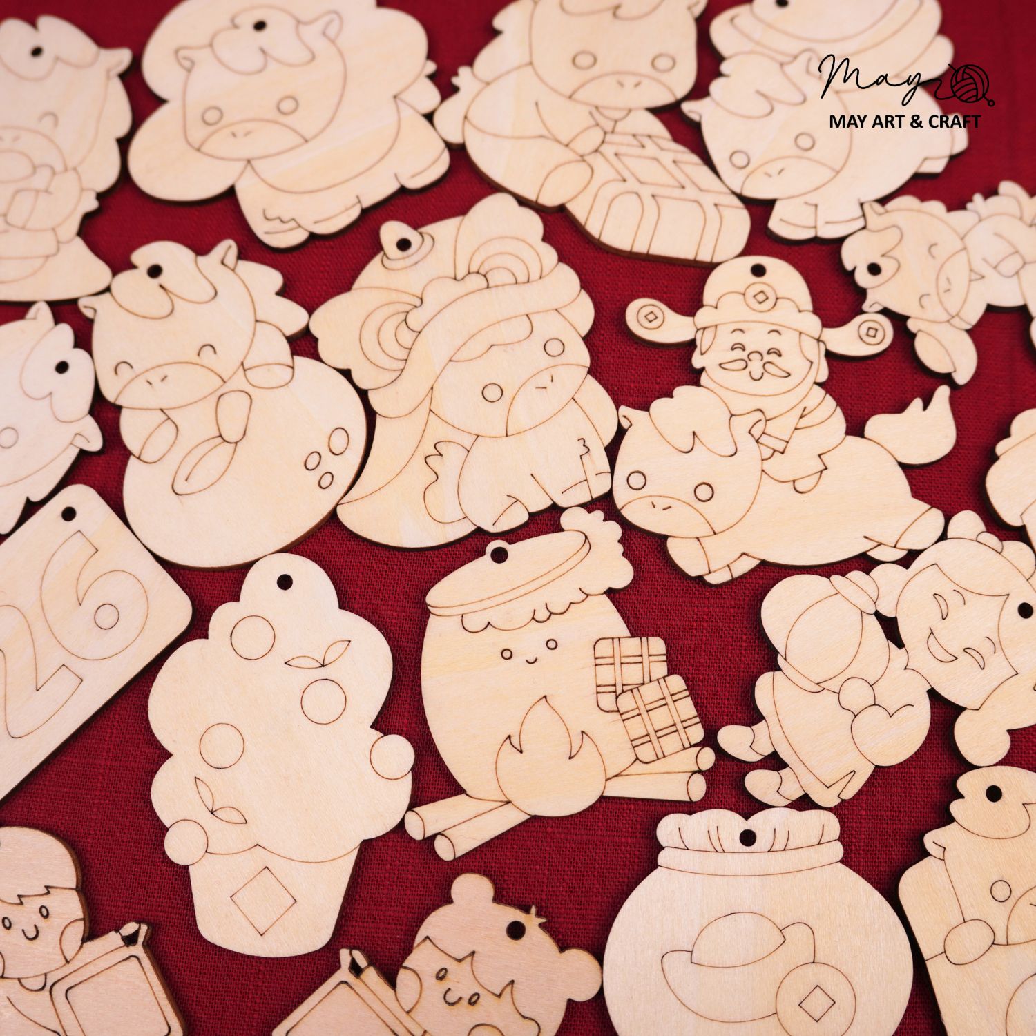 Set tô màu gỗ TẾT 2026 (20 hình gỗ, tặng kèm dây 12 màu acrylic & 2 cọ vẽ)