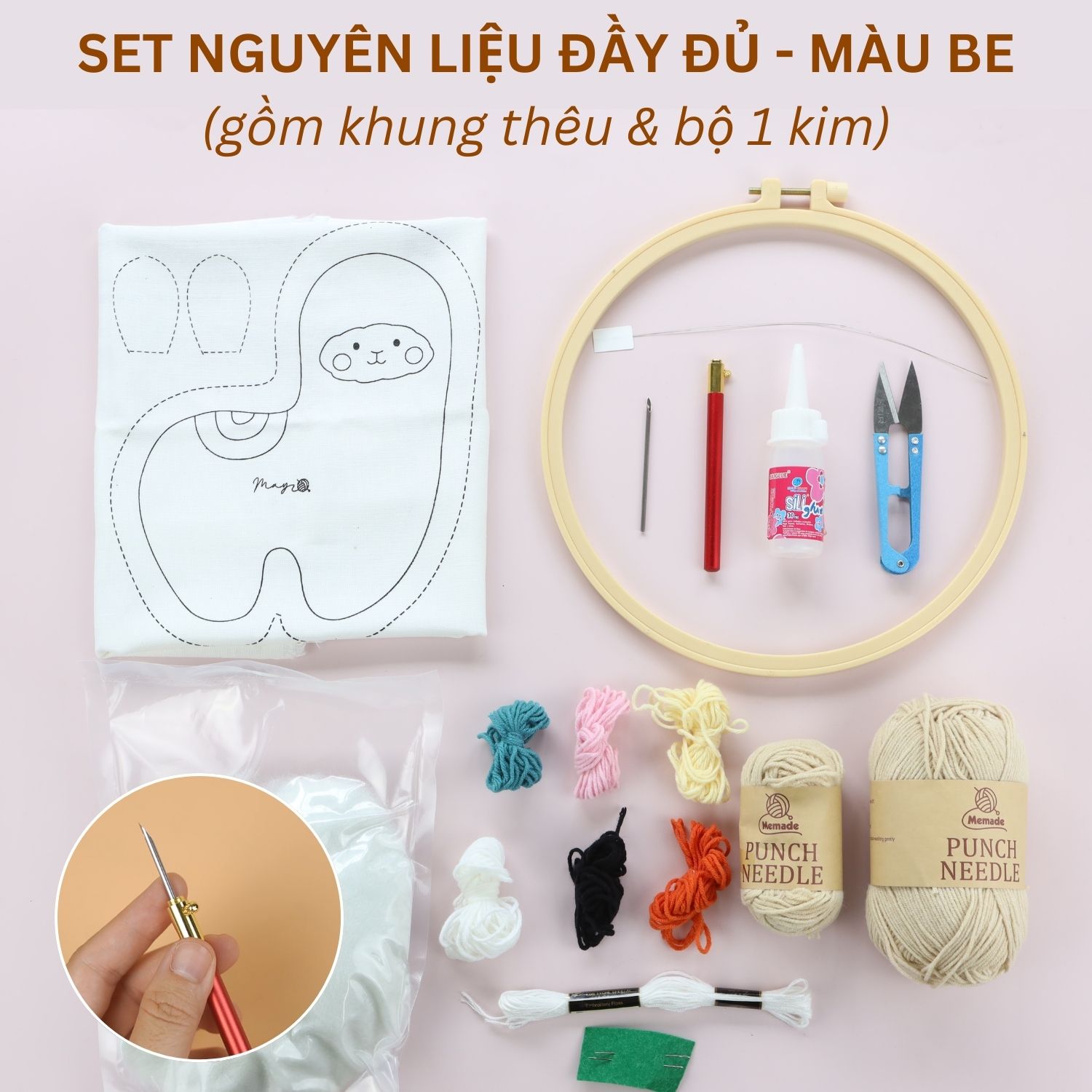 Bộ nguyên liệu làm thú bông Alpaca từ thêu len nổi punch needle