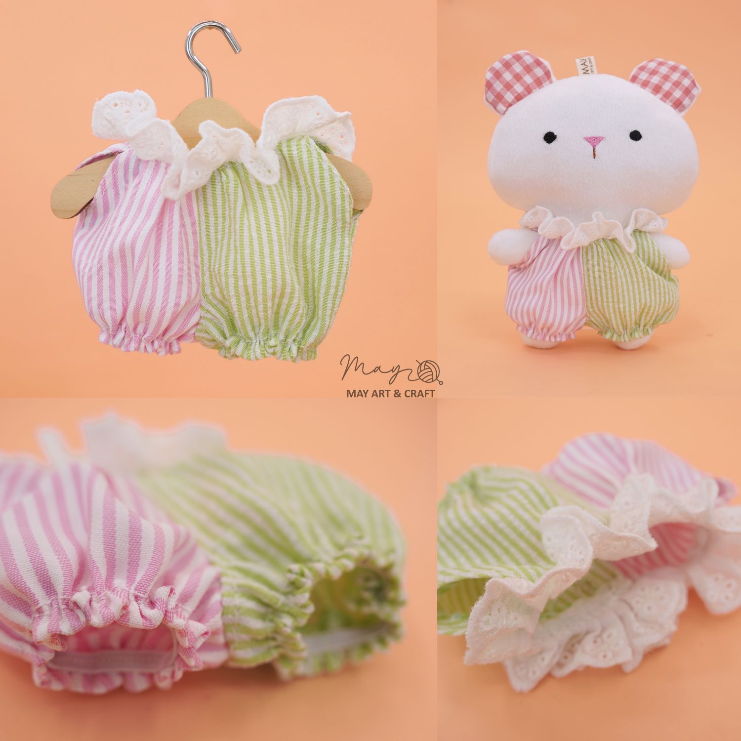 Yếm bí ngô cao cổ hoạ tiết sọc hồng phối sọc xanh lá cho thú bông mini