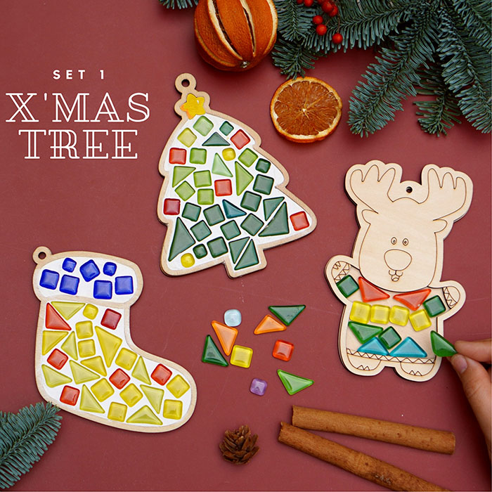 Set 3 hình khảm đá mosaic chủ đề Noel