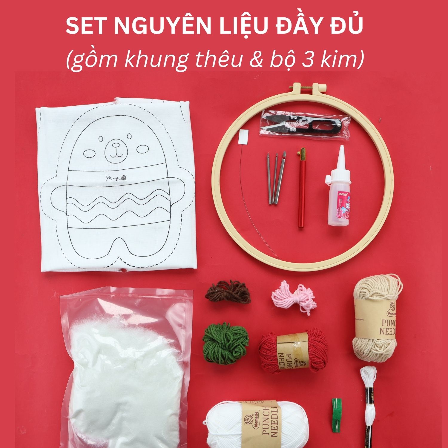 Bộ nguyên liệu làm thú bông Gấu trắng từ thêu len nổi punch needle