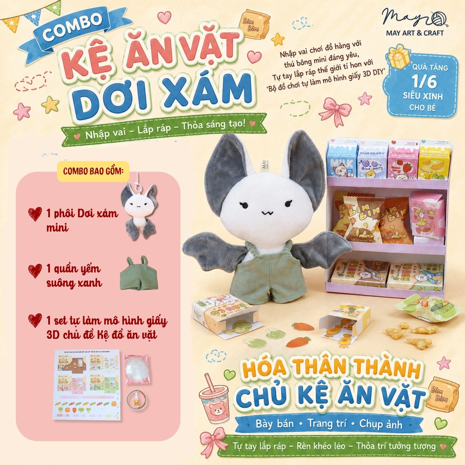 Bộ đồ chơi thủ công nhập vai với thú bông mini Tiệm tạp hoá nhà May