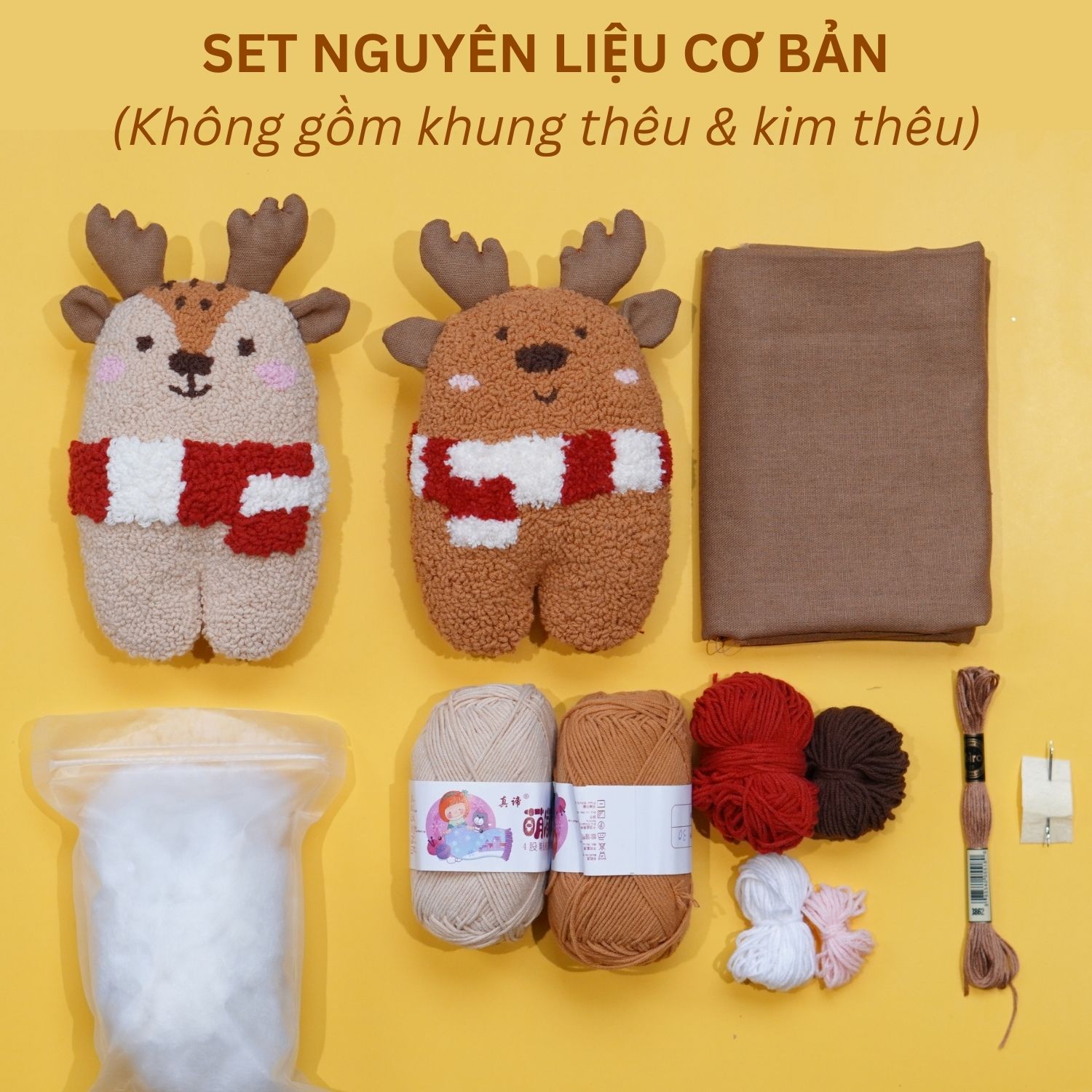 Bộ nguyên liệu làm thú bông Tuần lộc từ thêu len nổi punch needle