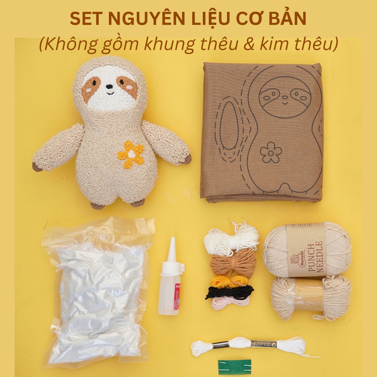 Bộ nguyên liệu làm thú bông Bé Lười từ thêu len nổi punch needle