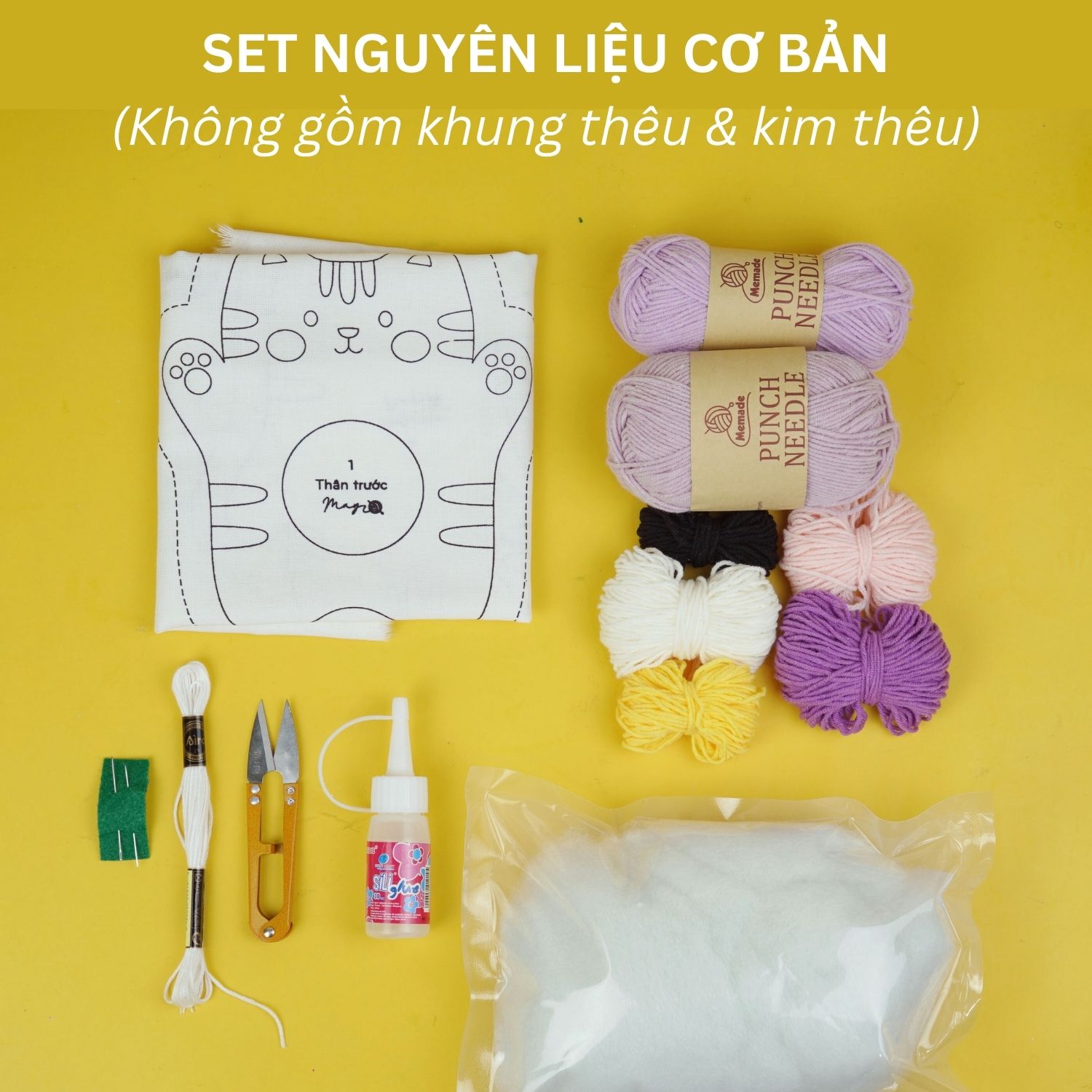 Bộ nguyên liệu làm thú bông Mèo tím từ thêu len nổi punch needle