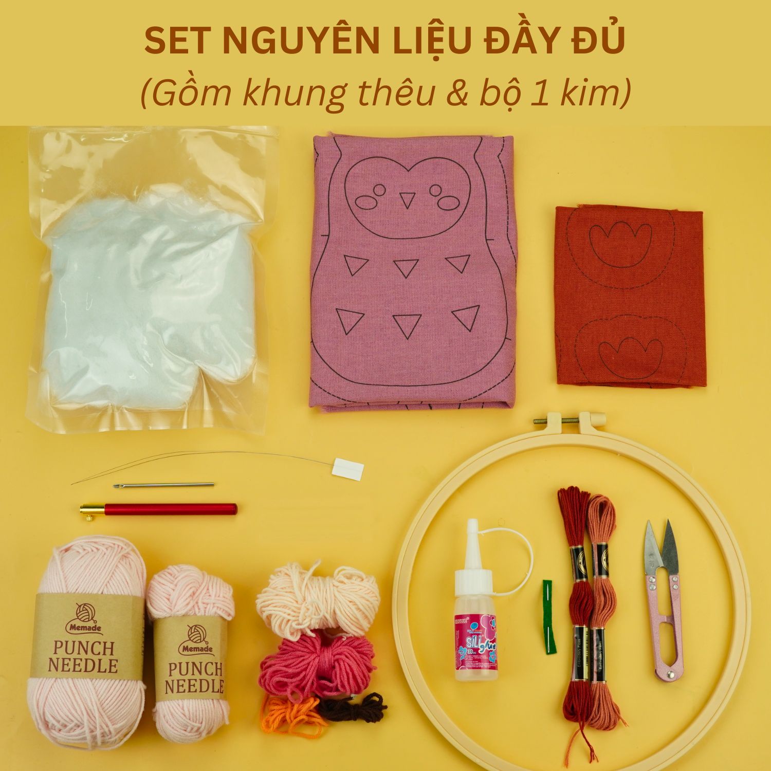 Bộ nguyên liệu làm thú bông Cú hồng từ thêu len nổi Punch Needle