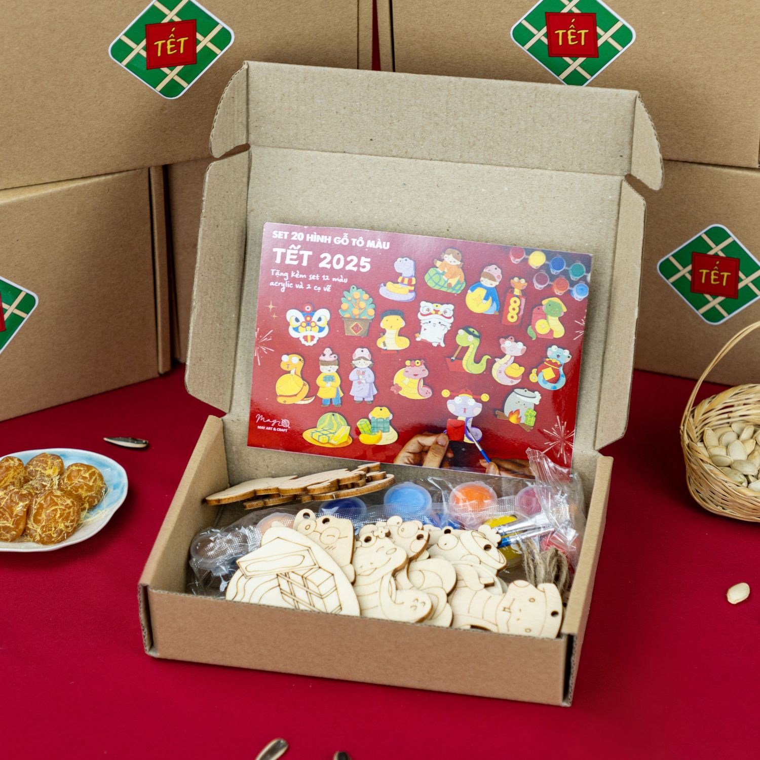 Set tô màu gỗ trang trí Tết 2025 (tặng 12 màu acrylic + 2 cọ vẽ khi mua set 20 hình)