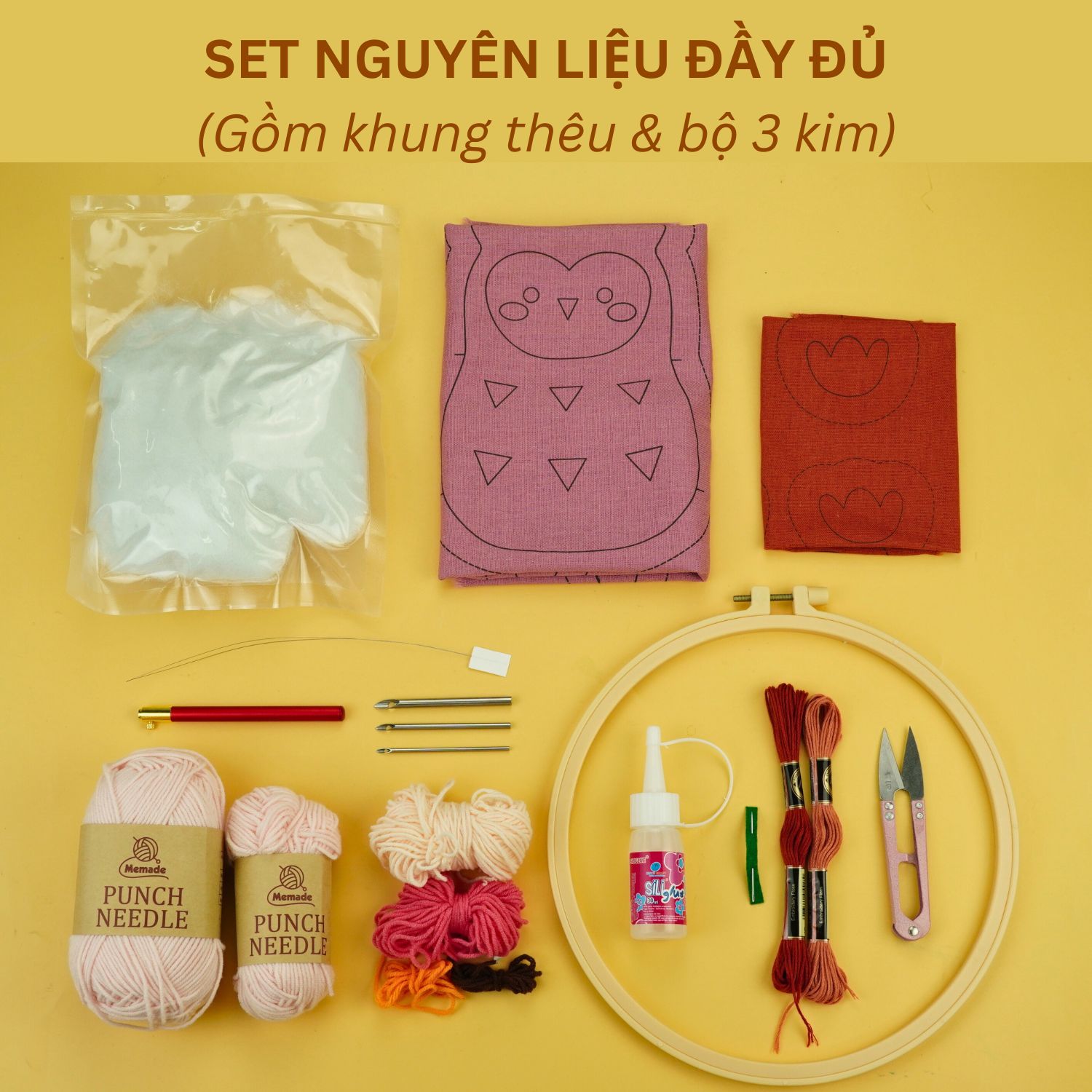Bộ nguyên liệu làm thú bông Cú hồng từ thêu len nổi Punch Needle