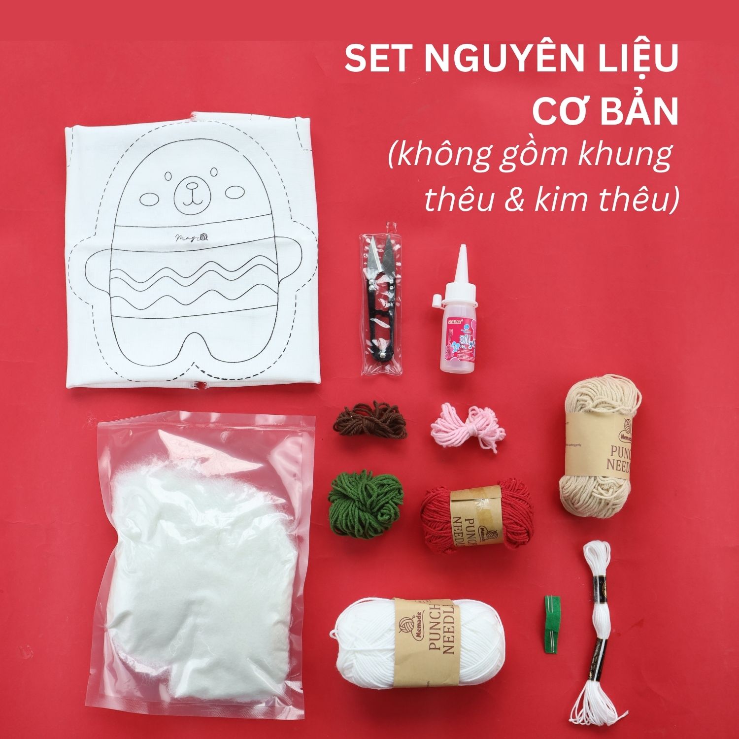 Bộ nguyên liệu làm thú bông Gấu trắng từ thêu len nổi punch needle