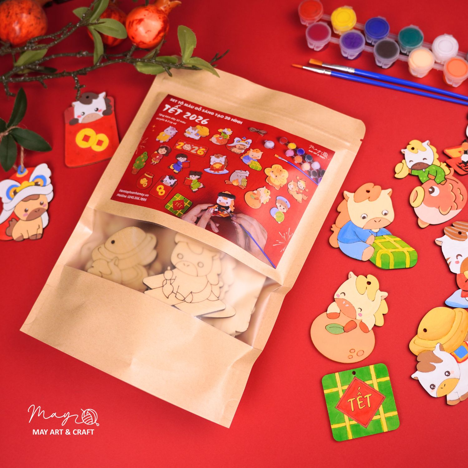 Set tô màu gỗ TẾT 2026 (20 hình gỗ, tặng kèm dây 12 màu acrylic & 2 cọ vẽ)