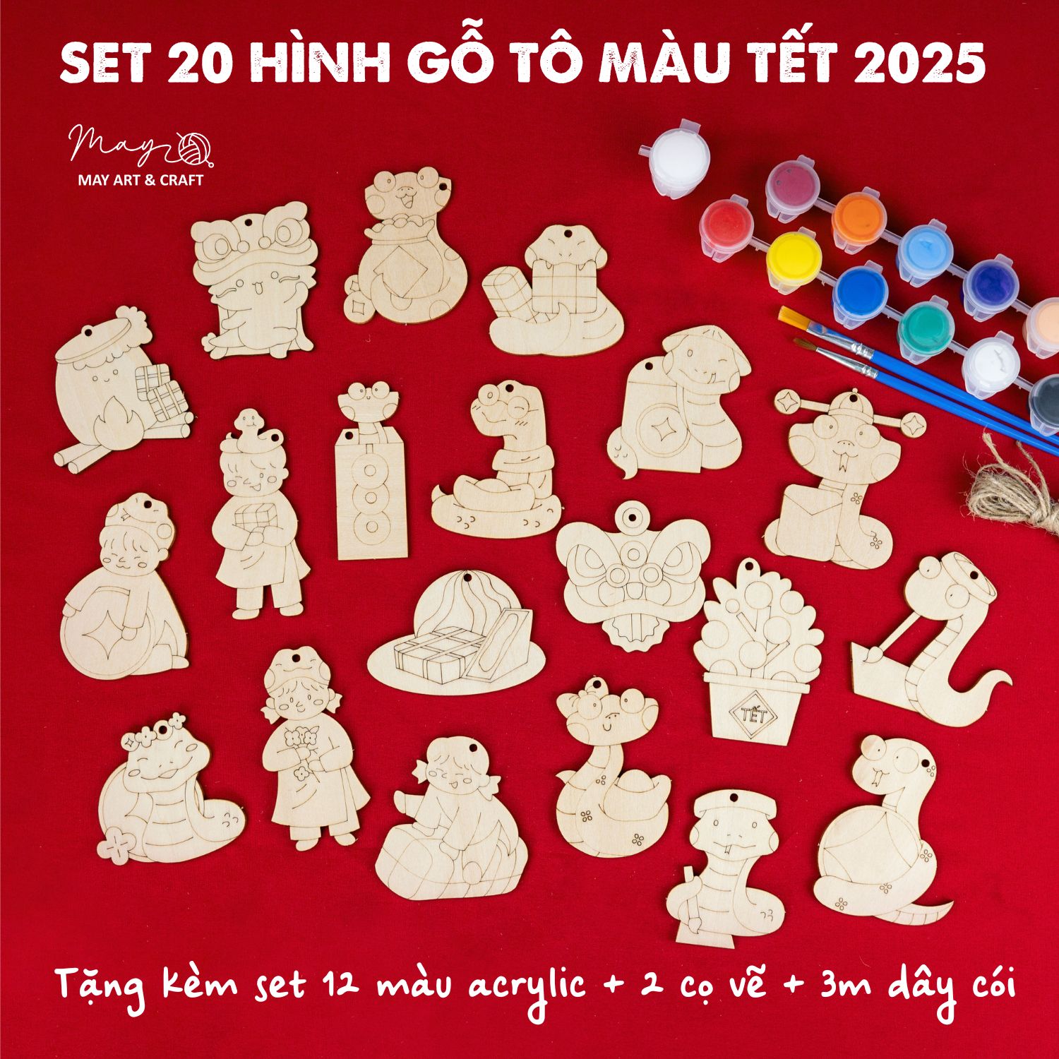 Set tô màu gỗ trang trí Tết 2025 (tặng 12 màu acrylic + 2 cọ vẽ khi mua set 20 hình)