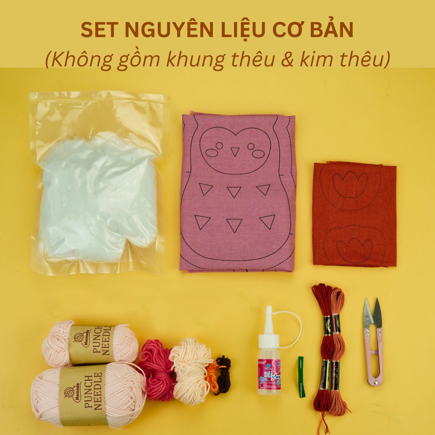 Bộ nguyên liệu làm thú bông Cú hồng từ thêu len nổi Punch Needle
