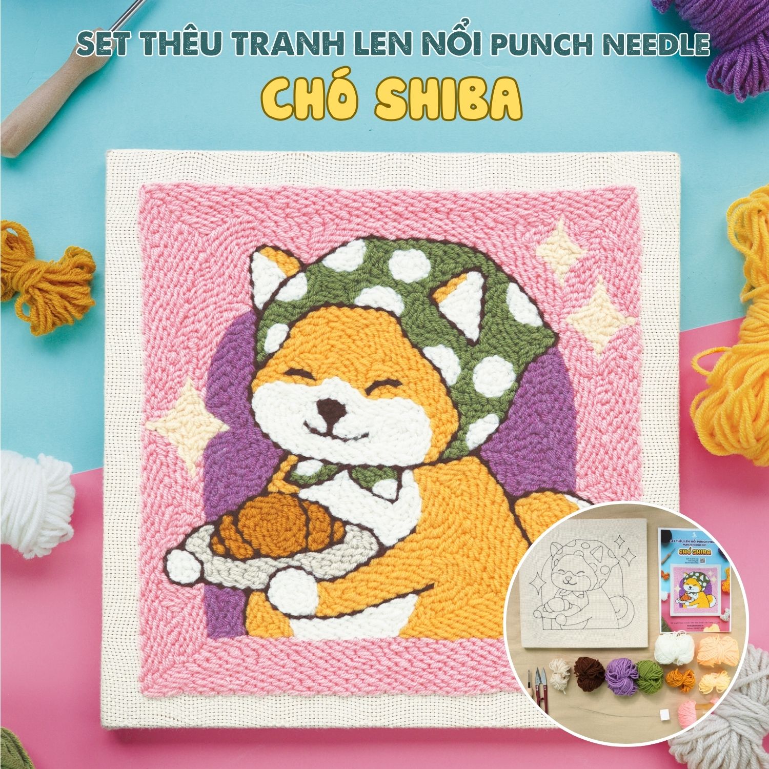 Set thêu tranh len nổi khung gỗ (punch needle) nhiều mẫu