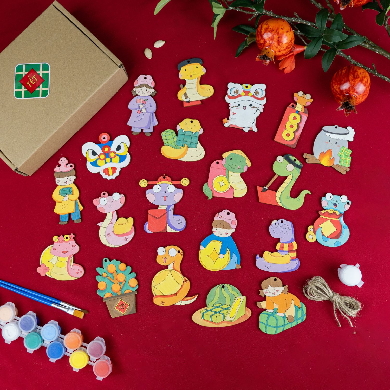 Set tô màu gỗ trang trí Tết 2025 (tặng 12 màu acrylic + 2 cọ vẽ khi mua set 20 hình)