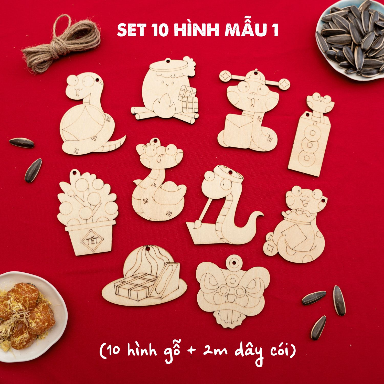 Set tô màu gỗ trang trí Tết 2025 (tặng 12 màu acrylic + 2 cọ vẽ khi mua set 20 hình)