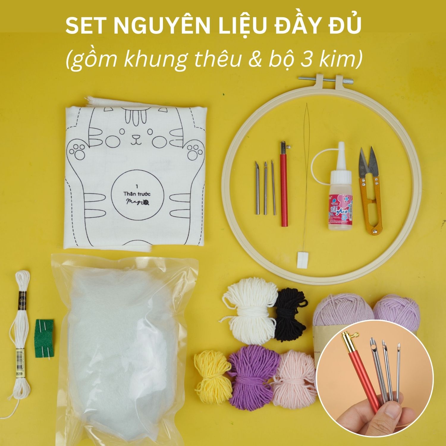 Bộ nguyên liệu làm thú bông Mèo tím từ thêu len nổi punch needle