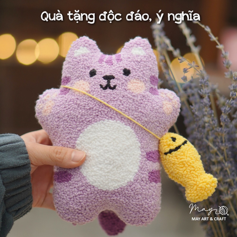 Bộ nguyên liệu làm thú bông Mèo tím từ thêu len nổi punch needle