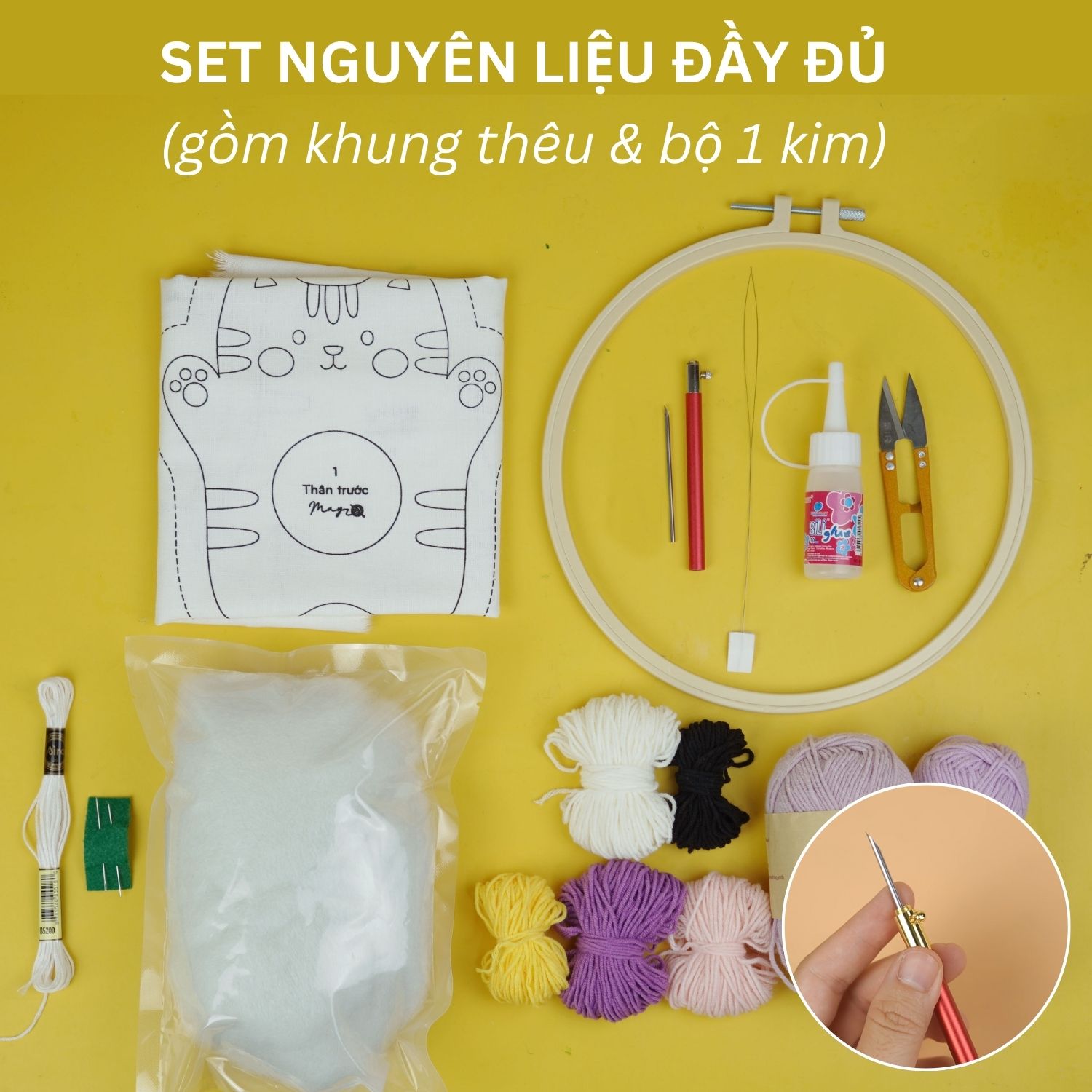 Bộ nguyên liệu làm thú bông Mèo tím từ thêu len nổi punch needle