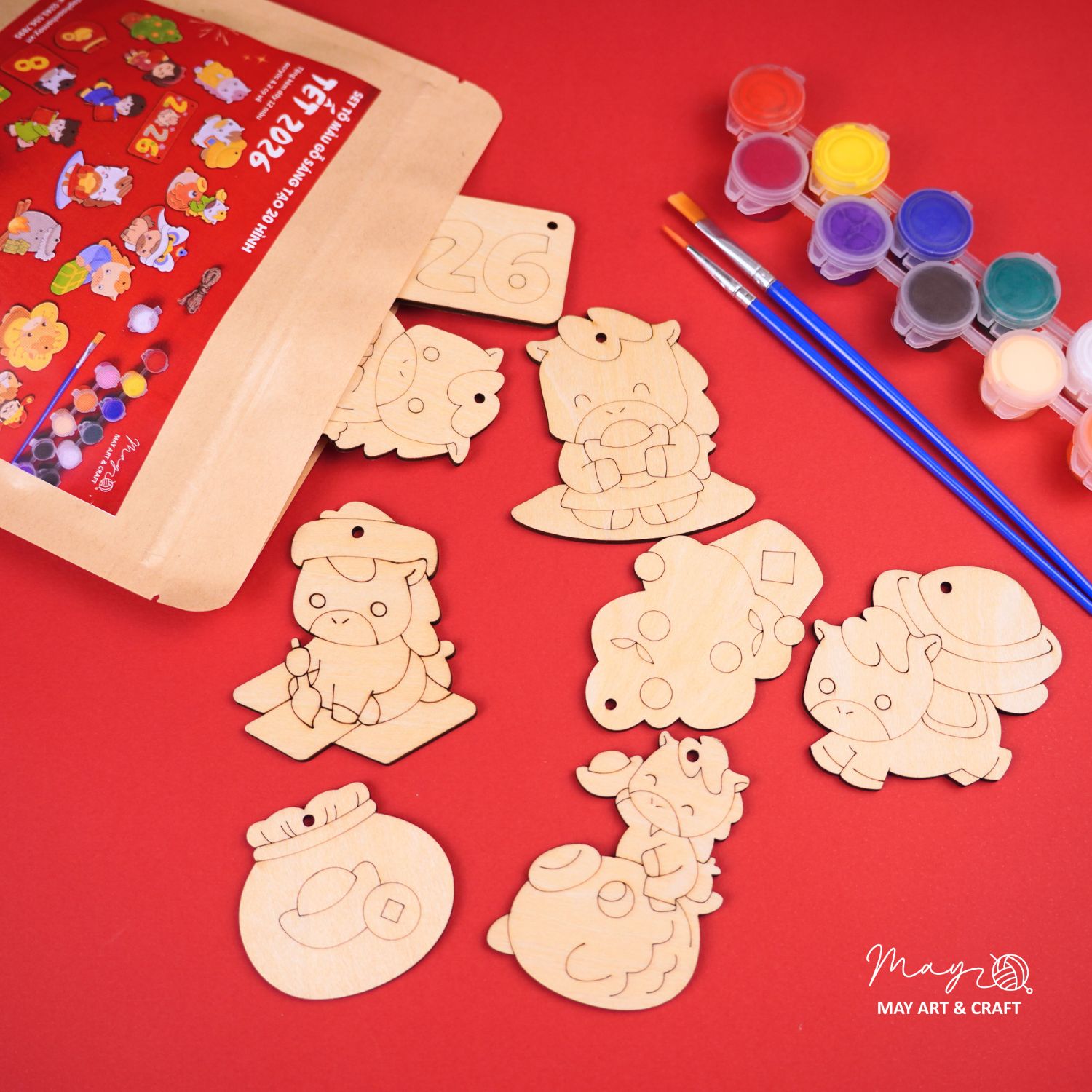 Set tô màu gỗ TẾT 2026 (20 hình gỗ, tặng kèm dây 12 màu acrylic & 2 cọ vẽ)