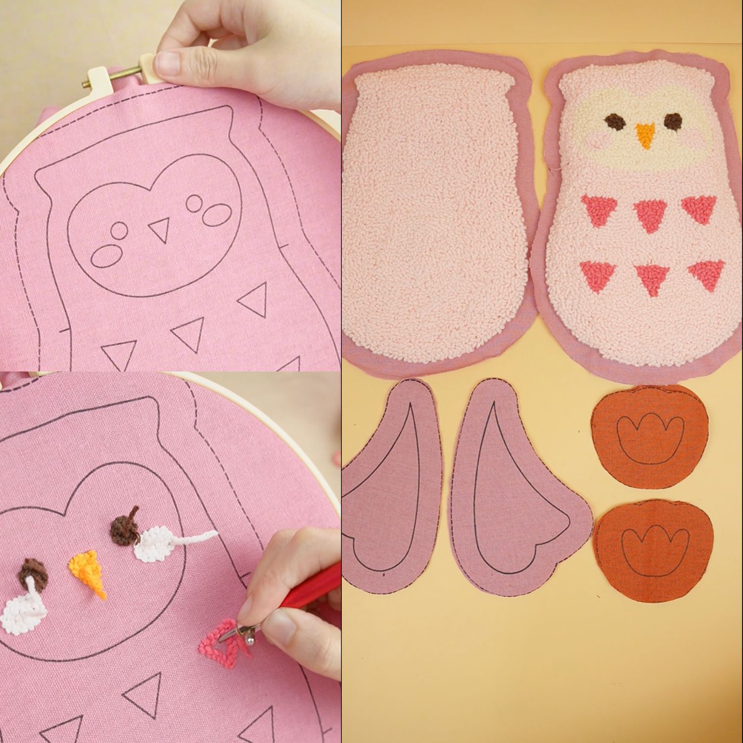 Bộ nguyên liệu làm thú bông Cú hồng từ thêu len nổi Punch Needle