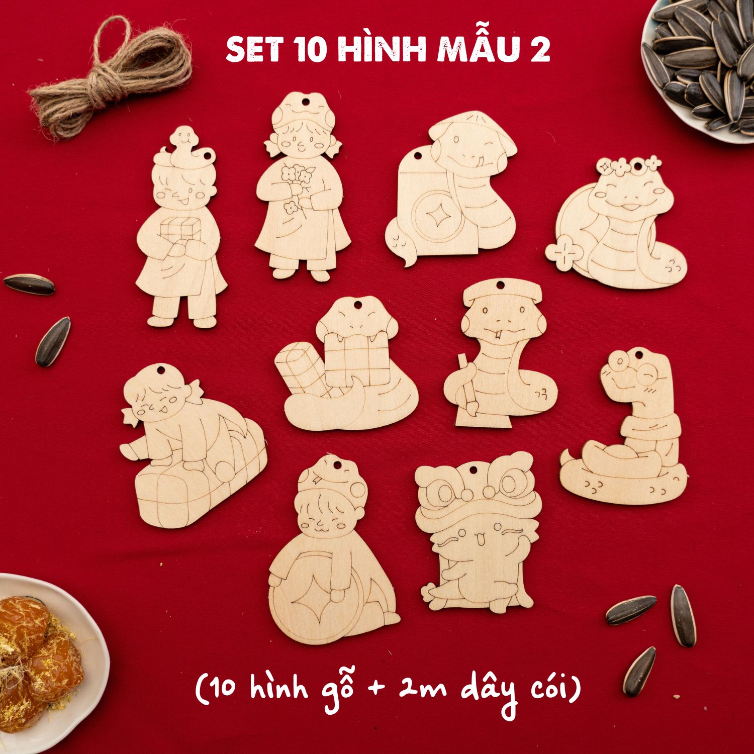 Set tô màu gỗ trang trí Tết 2025 (tặng 12 màu acrylic + 2 cọ vẽ khi mua set 20 hình)