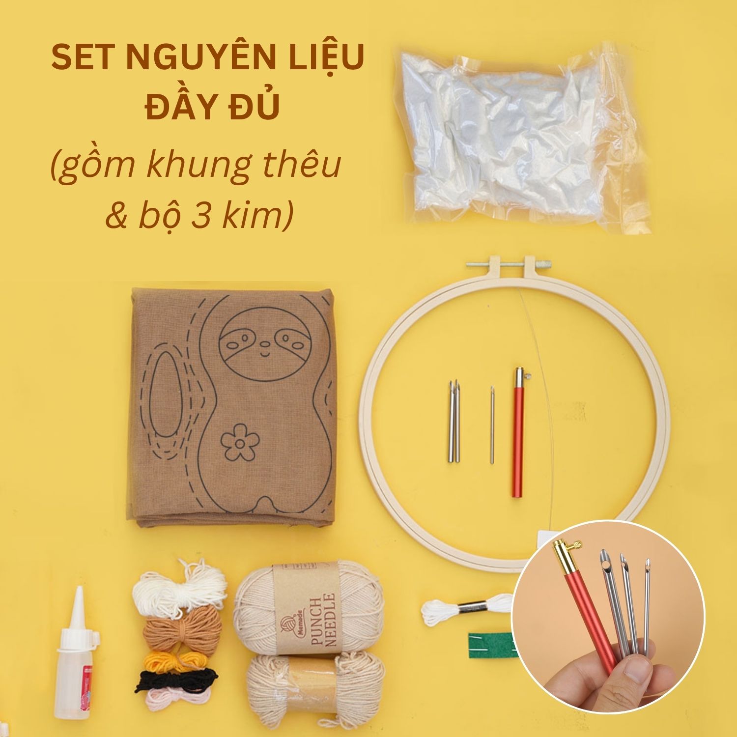 Bộ nguyên liệu làm thú bông Bé Lười từ thêu len nổi punch needle