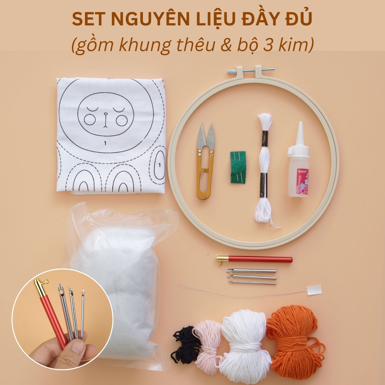 Bộ nguyên liệu làm Thỏ bông từ thêu len nổi punch needle