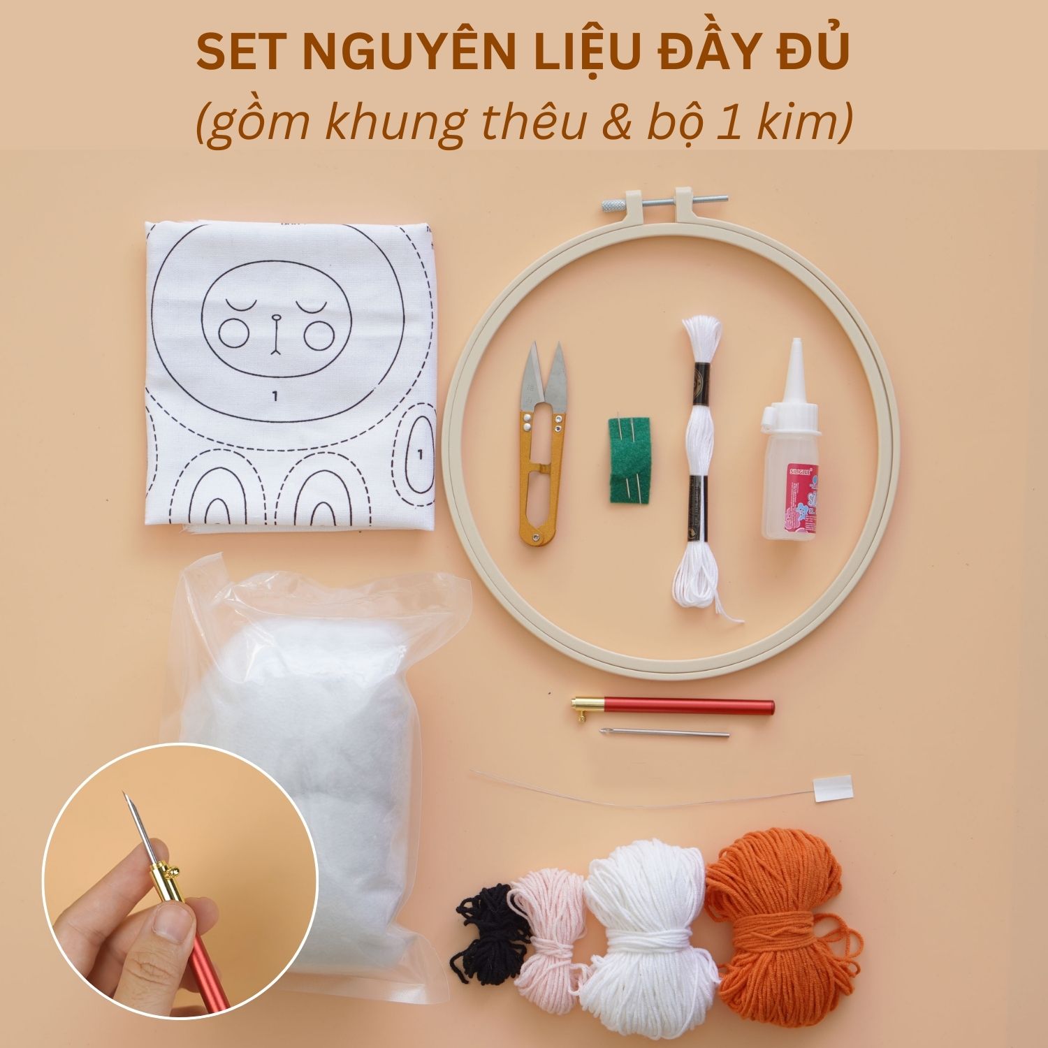 Bộ nguyên liệu làm Thỏ bông từ thêu len nổi punch needle