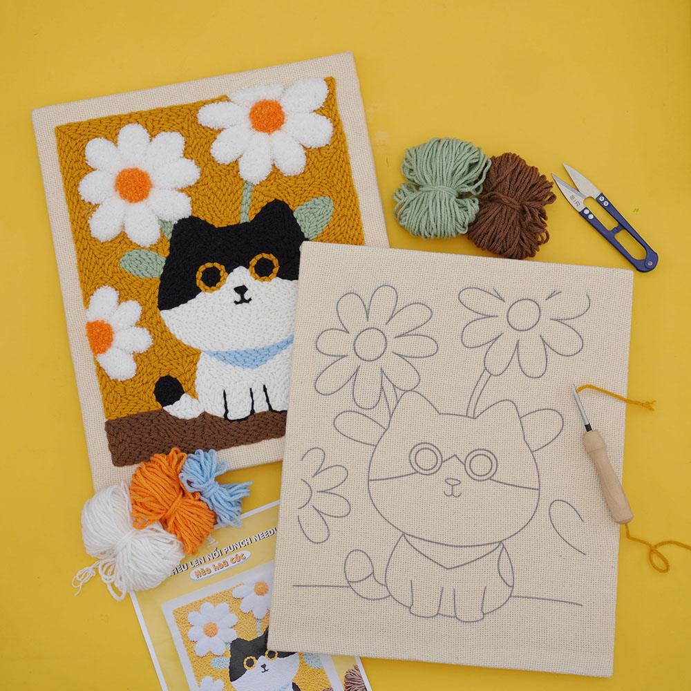 Set thêu tranh len nổi khung gỗ (punch needle) nhiều mẫu