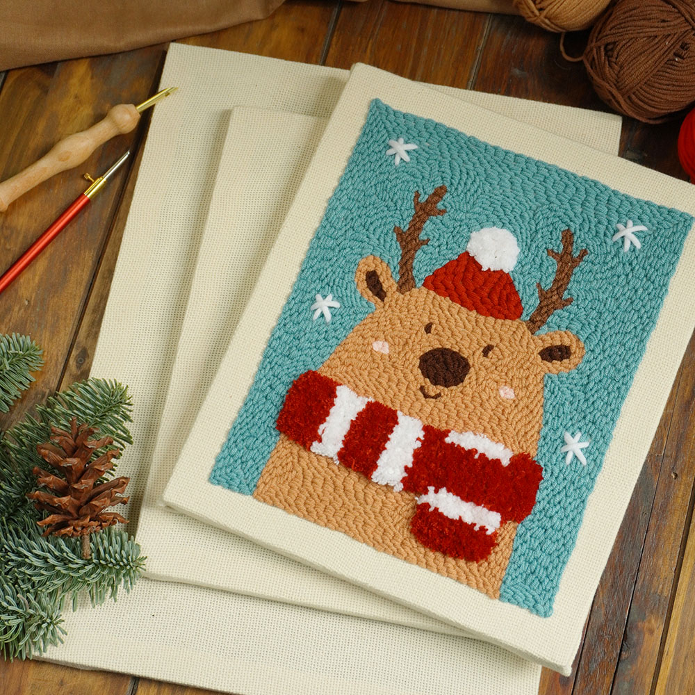 Khung gỗ căng sẵn vải aida mềm thêu tranh len nổi punch needle