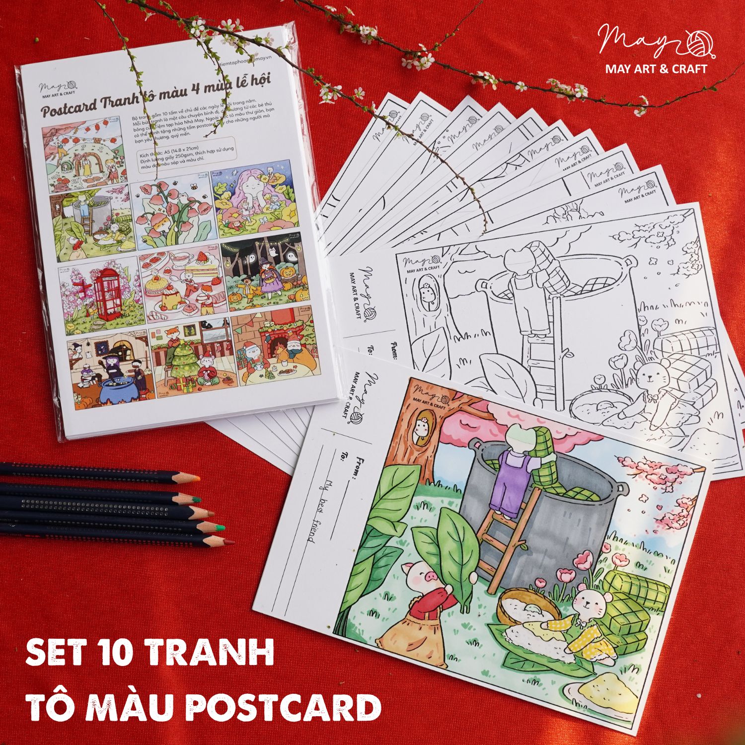Bộ tranh tô màu postcard 4 mùa lễ hội