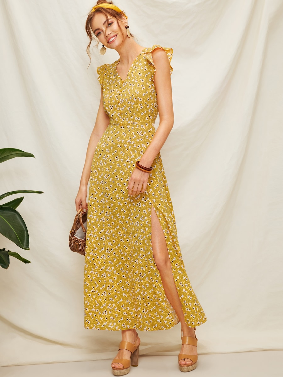 Đầm Ruffle Họa Tiết Hoa Gừng