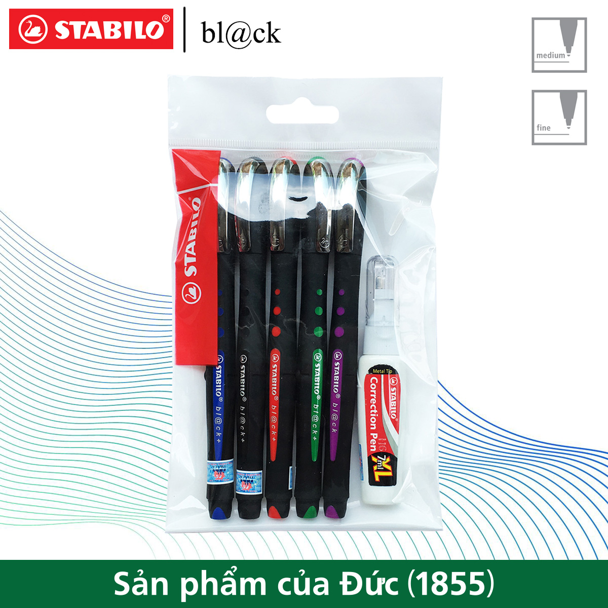 Bộ 5 bút bi ký STABILO bl@ck+ BLKF 0.7mm (xanh+đỏ+đen+xanh lá+tím)