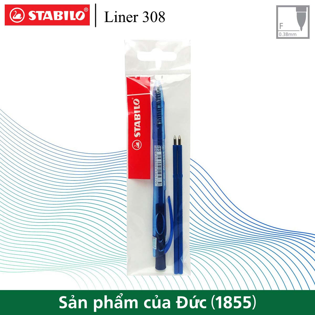 Bộ 1 bút bi bấm STABILO Liner BP308F xanh + 2 ruột xanh