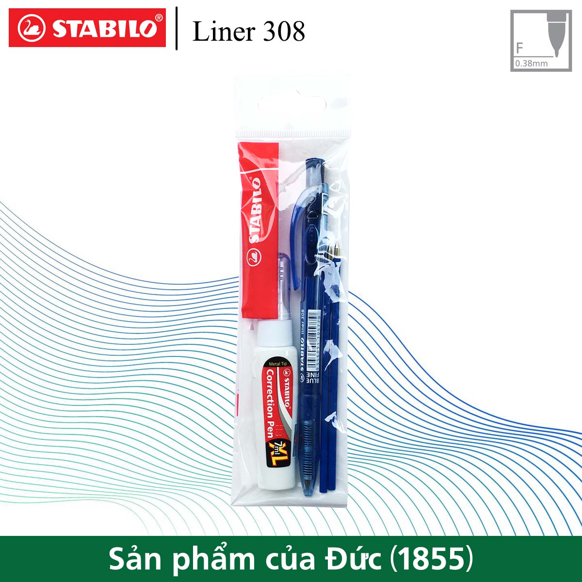 Bộ 1 bút bi bấm STABILO Liner BP308F xanh + 2 ruột xanh