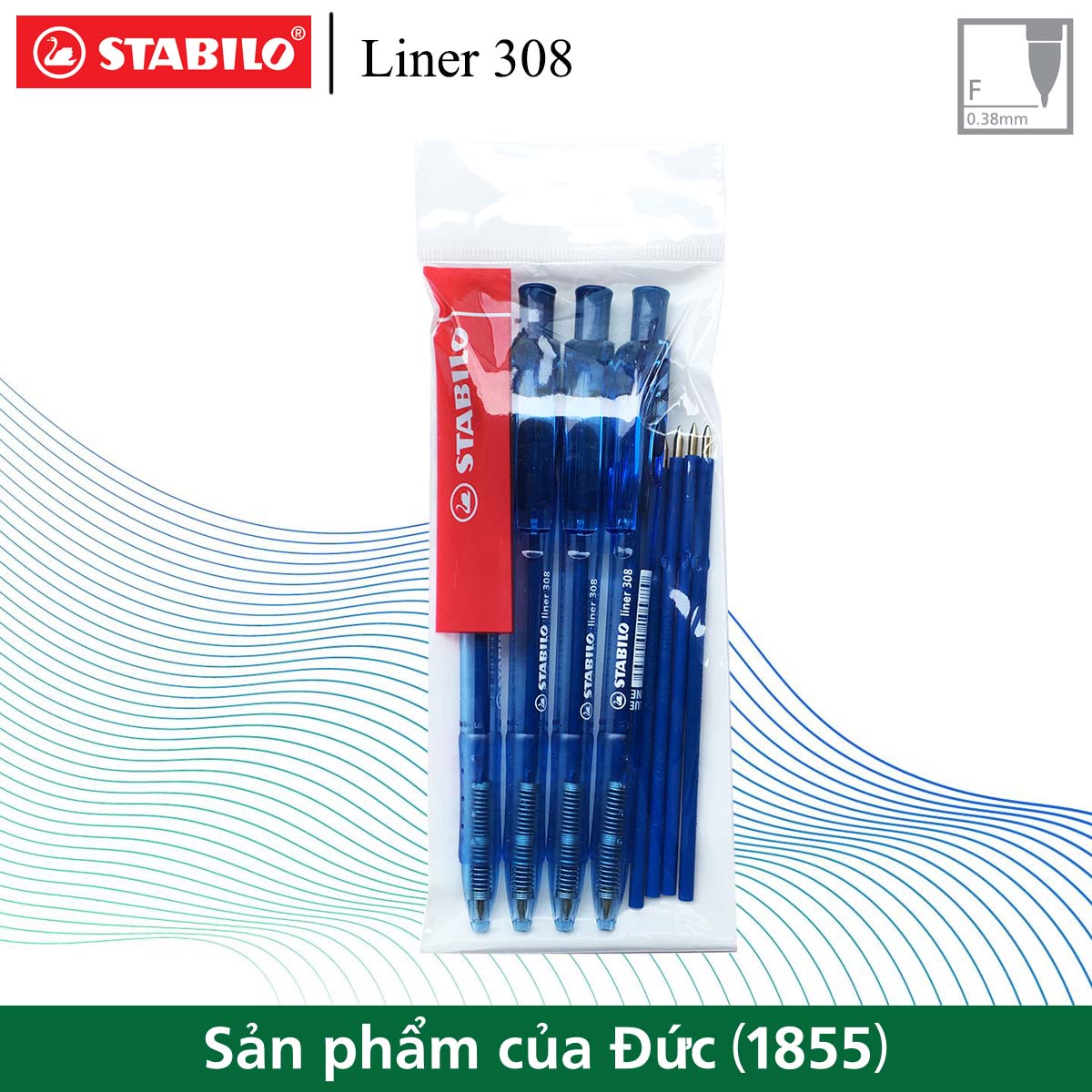 Bộ 4 bút bi STABILO Liner xanh kèm 4 ruột xanh (BP308FU-C4R)