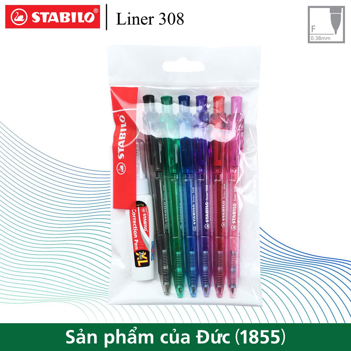 Bộ 6 bút bi STABILO Liner  BP308F (xanh, đỏ, đen, xanh lá, hồng, tím)
