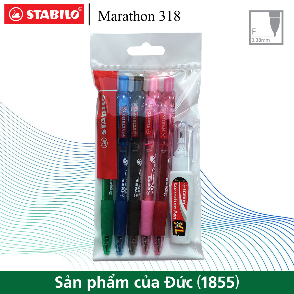 Bộ 5 cây bút bi bấm STABILO Marathon 318F màu xanh+đỏ+đen+hồng+xanh lá
