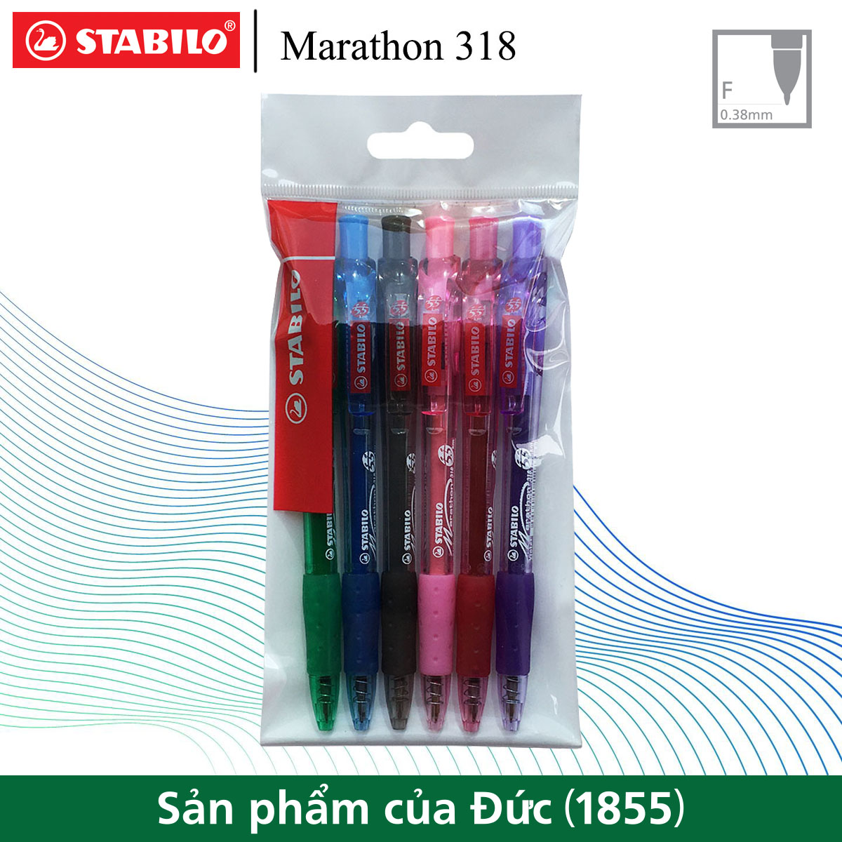 Bộ 6 cây bút bi bấm STABILO Marathon 318F xanh+đỏ+đen+tím+hồng+xanh lá