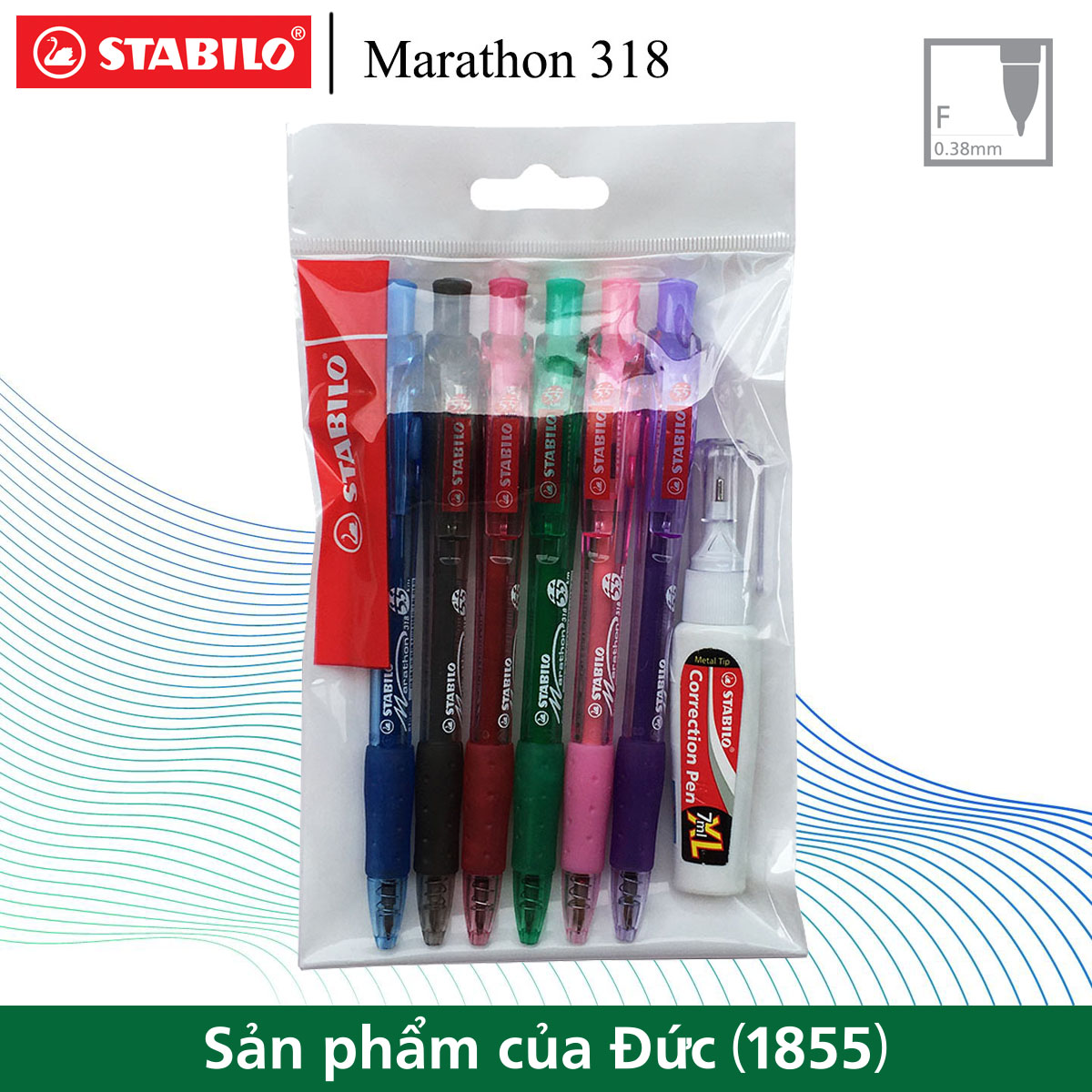 Bộ 6 cây bút bi bấm STABILO Marathon 318F xanh+đỏ+đen+tím+hồng+xanh lá