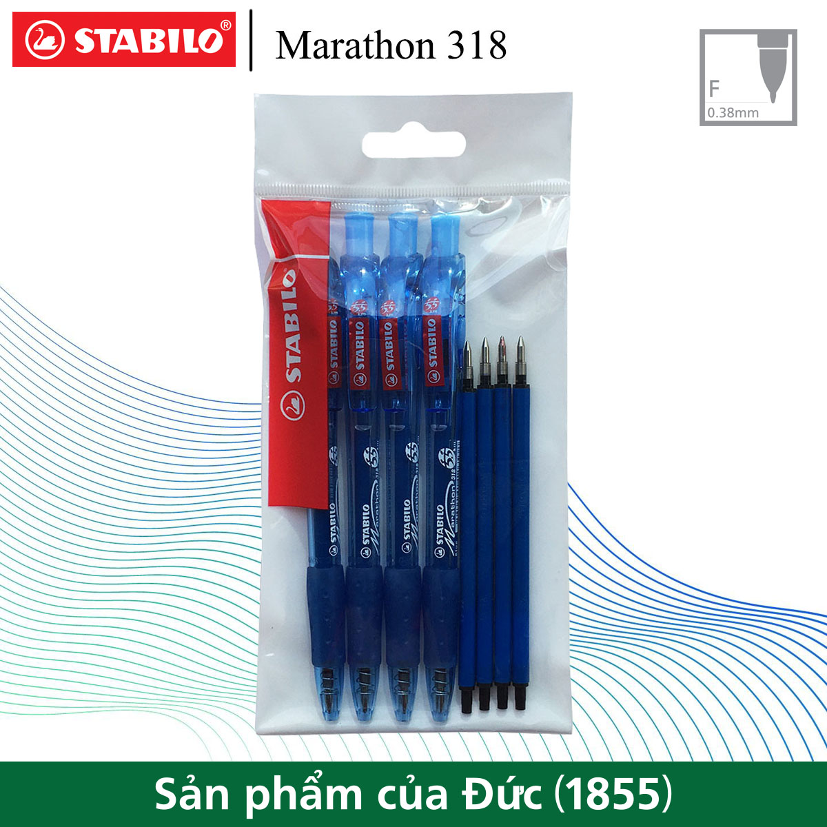 Bộ 4 bút bi STABILO Marathon 318F xanh + 4 ruột xanh (BP318FU-C4R)