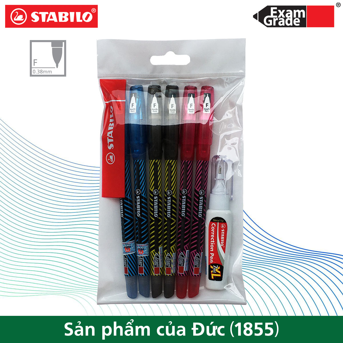 Bộ 6 bút bi STABILO Exam Grade BP587NF 0.7mm (2 xanh+2 đỏ+2 đen) + Bút xóa Correction Pen CPS88