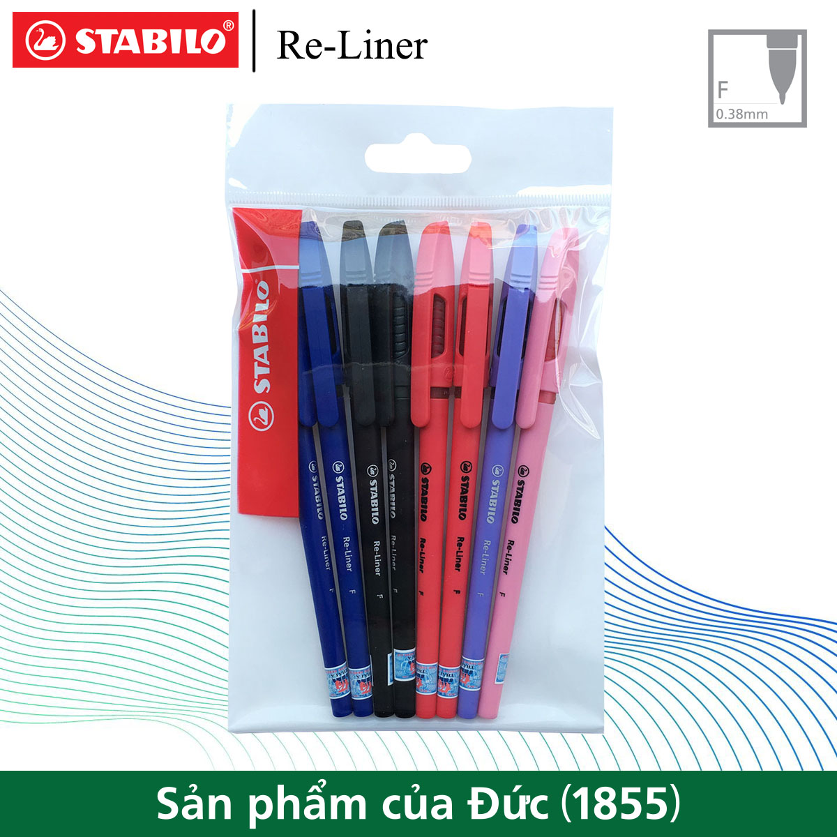 Bộ 8 bút bi STABILO Re-Liner 868F nét 0.7mm (xanh, đen, đỏ)x2 + (hồng, tím)x1