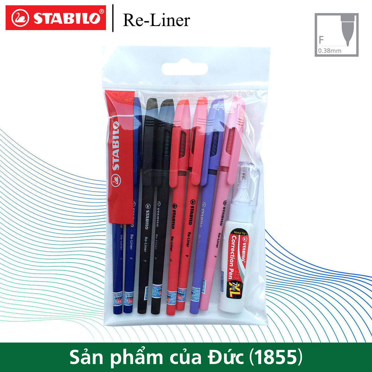 Bộ 8 bút bi STABILO Re-Liner 868F nét 0.7mm (xanh, đen, đỏ)x2 + (hồng, tím)x1