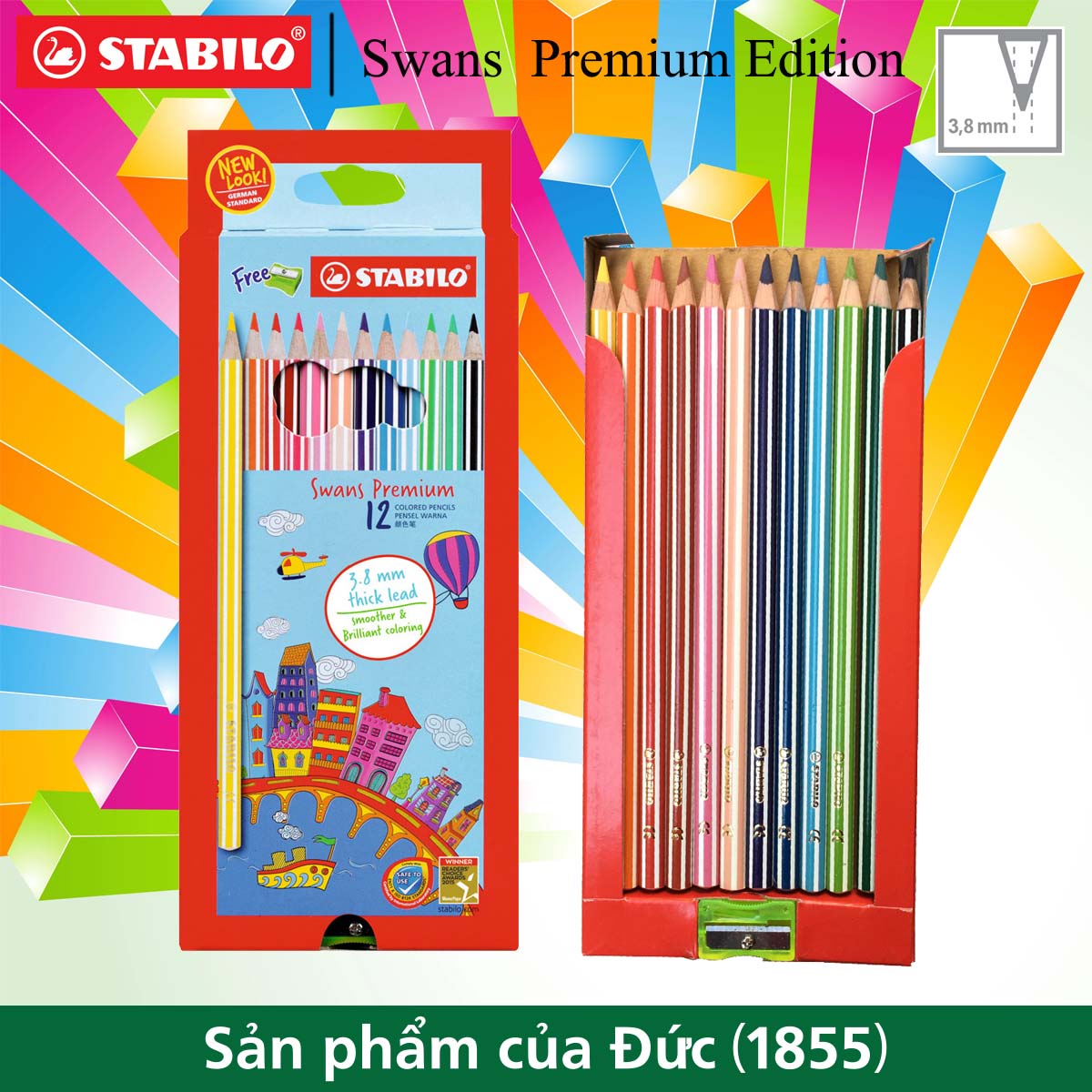 Hộp chì màu STABILO Swans  Premium 3.8mm 12 màu