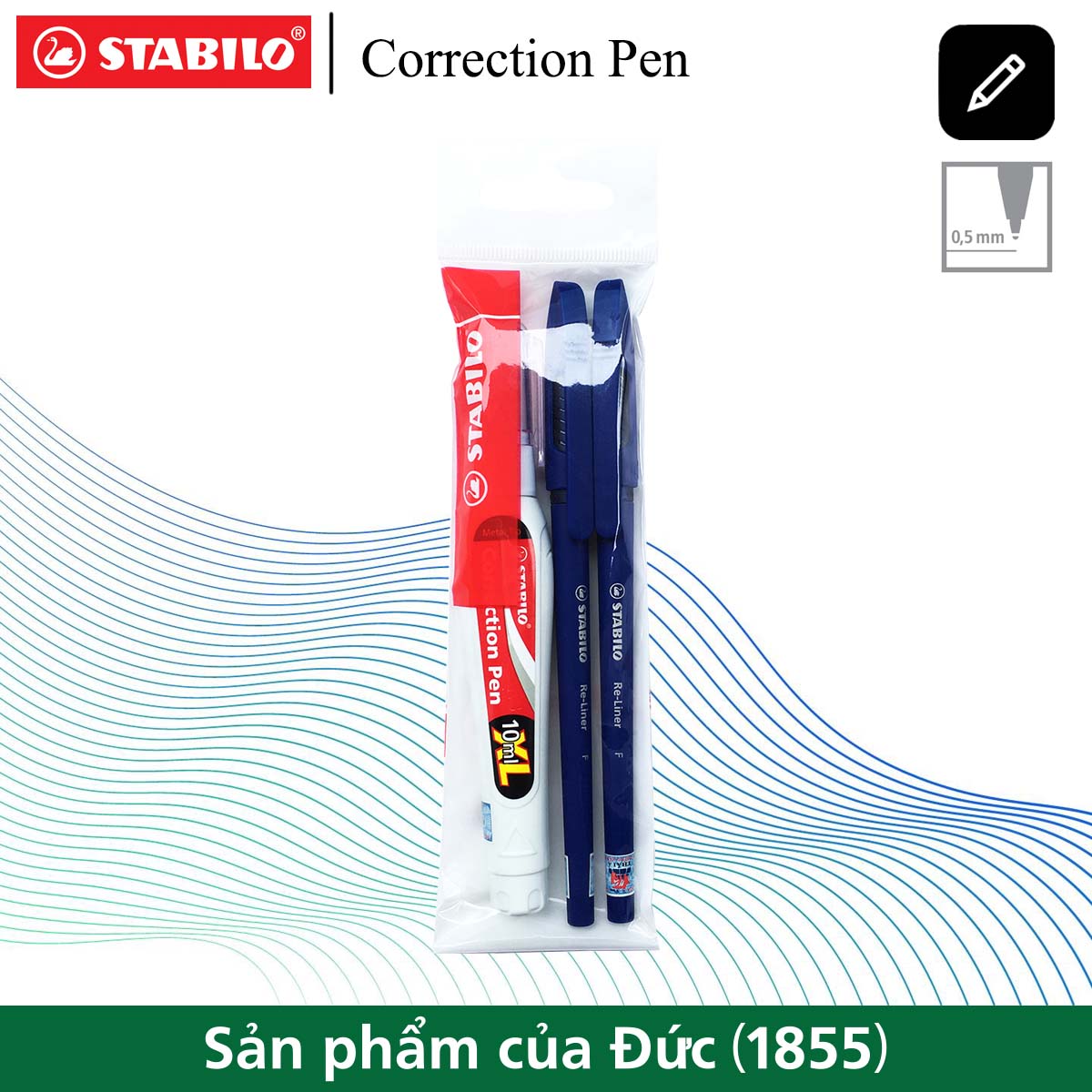 Bộ 2 cây bút bi STABILO Re-Liner 868F xanh nét 0.7mm + bút xóa