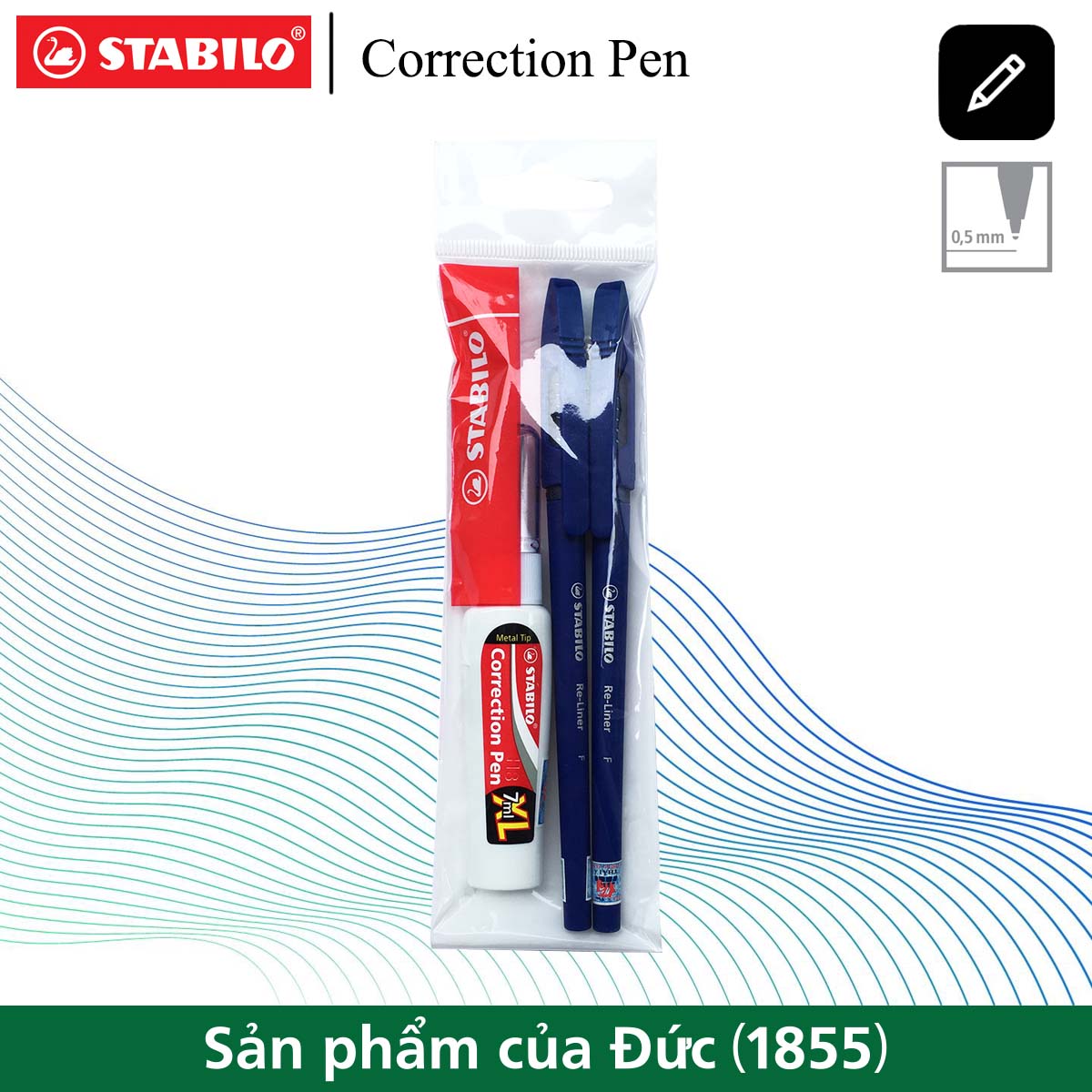 Bộ 2 cây bút bi STABILO Re-Liner 868F xanh nét 0.7mm + bút xóa