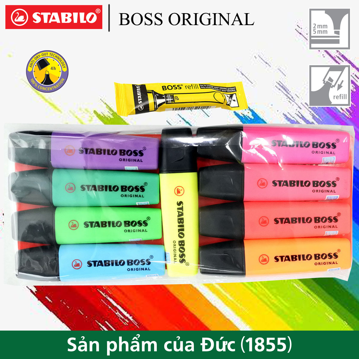 Bộ 9 cây bút dạ quang STABILO BOSS ORIGINAL HL70 + tuýp mực châm HL70R màu vàng (HL70-C9G)