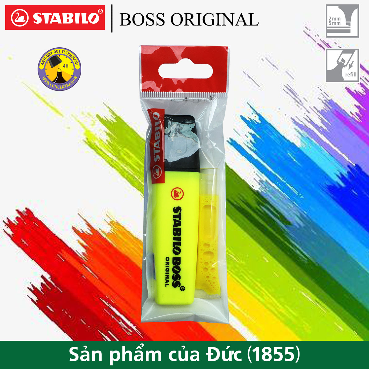 Bộ 1 Bút dạ quang STABILO BOSS ORIGINAL + Ruột châm mực vàng HL70