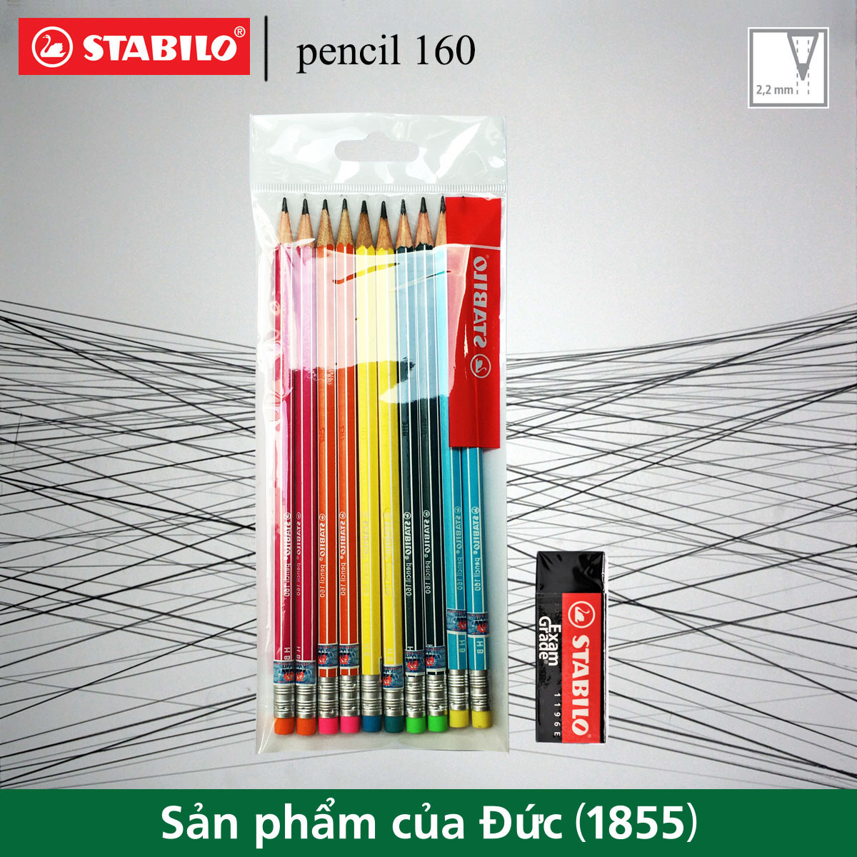 Bộ 10 cây bút chì gỗ STABILO pencil 160 HB (2 màu nhớt + 2 màu vàng + 2 màu hồng + 2 màu cam + 2 màu xanh) (PC2160-C10)